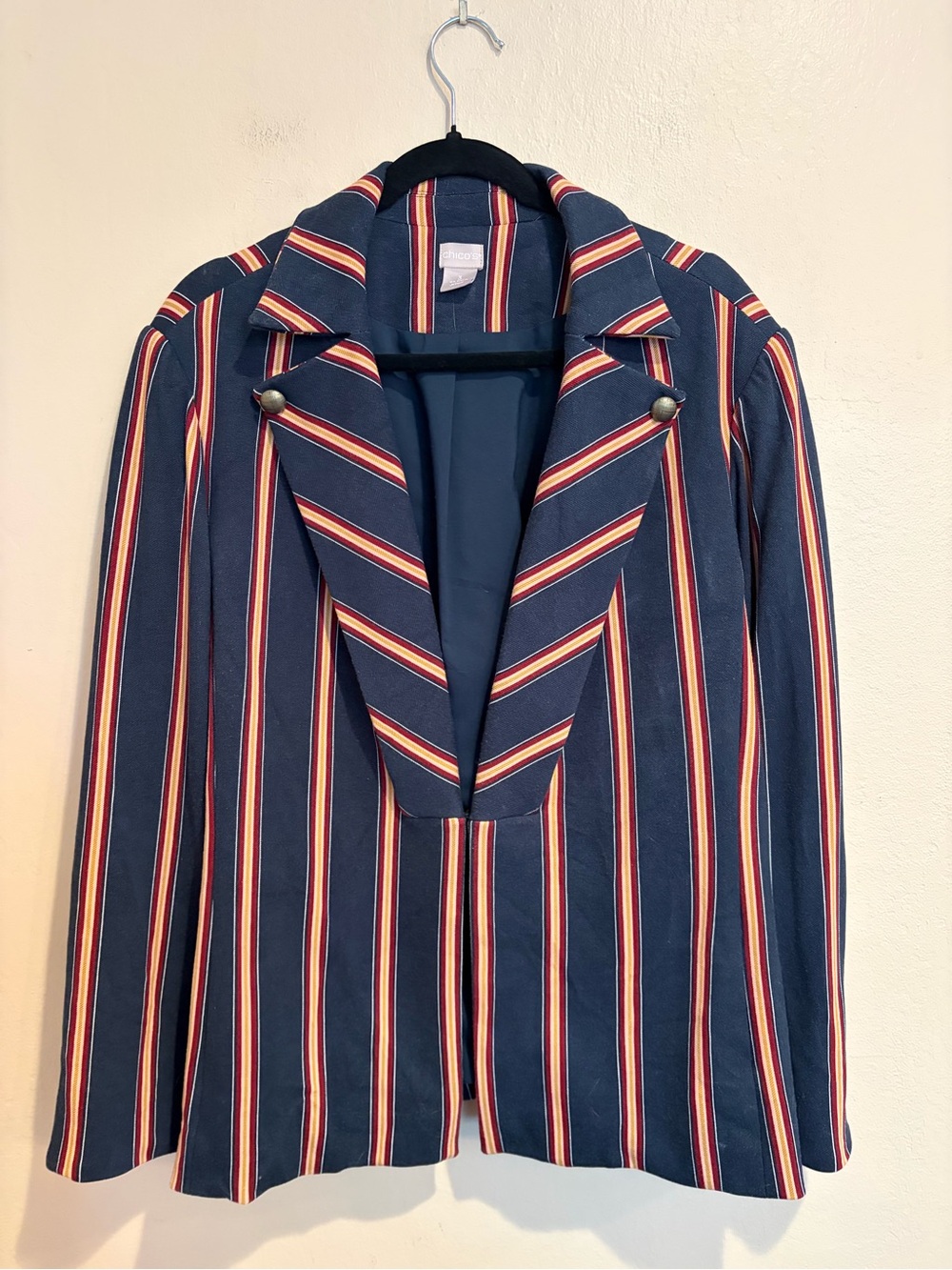 Chico's Twill Ponte Navy & Burgundy Striped Blazer, w/ Bronze Buttons, 14/16